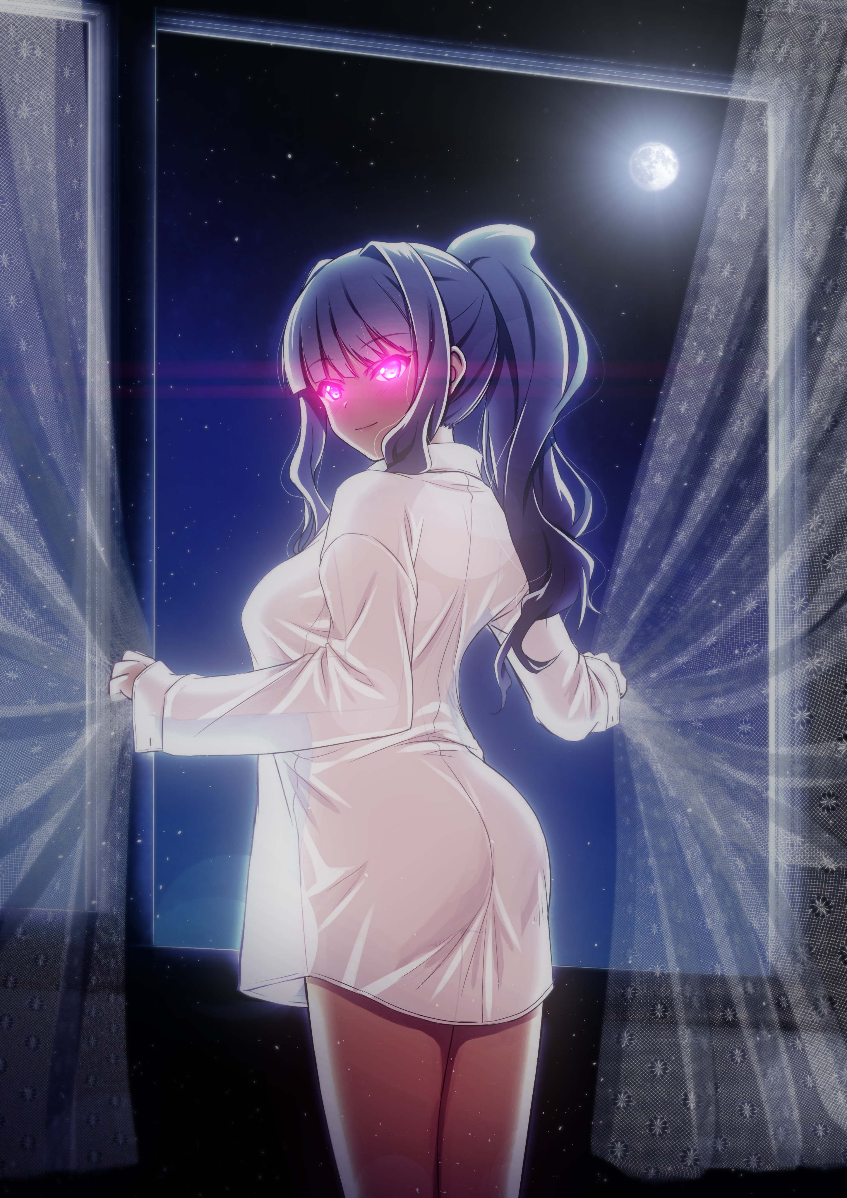 Wearing only a white button-down shirt, Takane stands before the window, through which a clear night sky and a full moon are visible.  Takane has an otherworldly sort of glow about her, accentuated by her turning around to look at you, revealing her eyes are glowing a vivid pink color.  She blushes slightly as she clings to the sheer and lacy curtains.